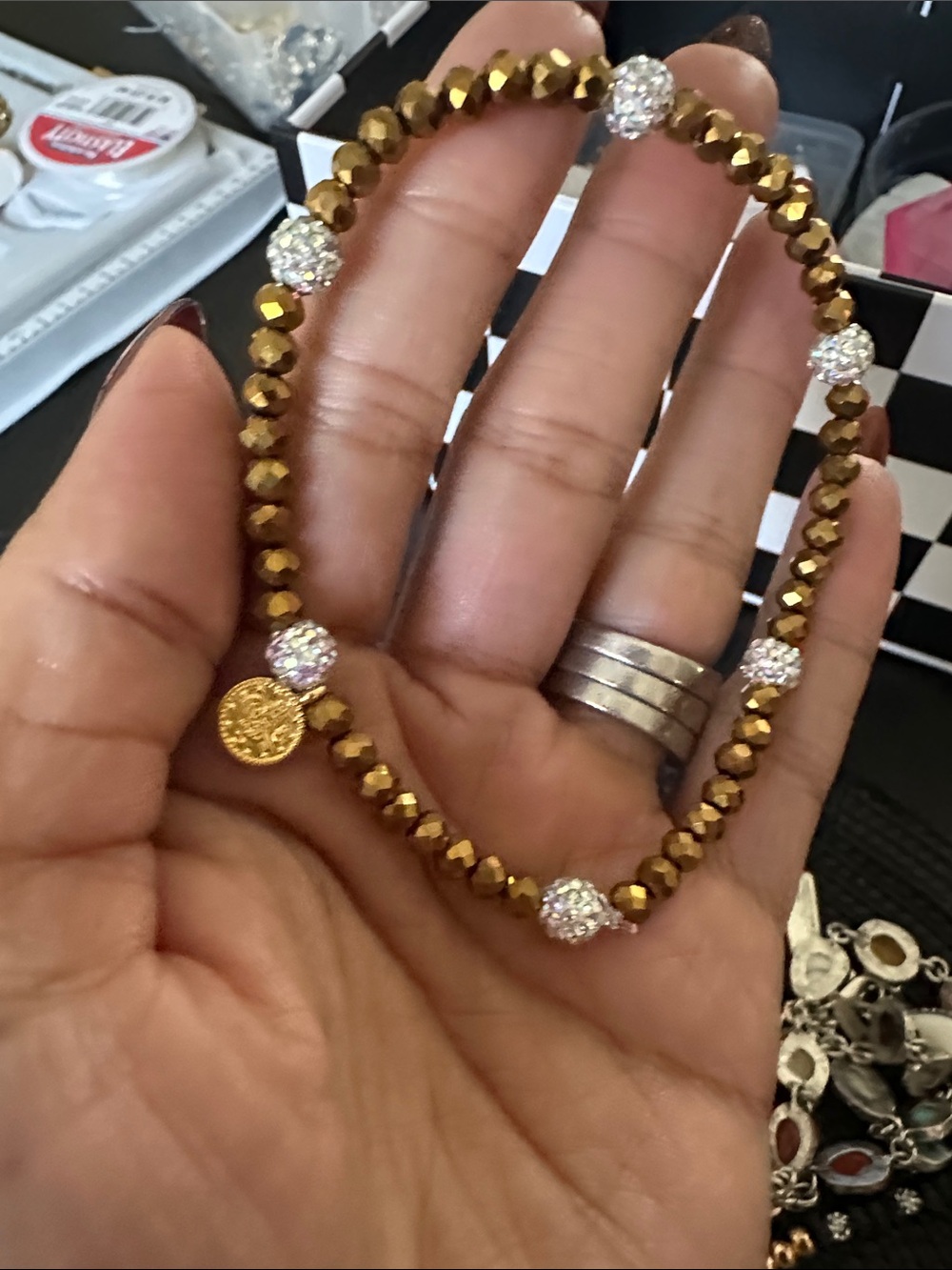 Gold Beaded Stretch anklet Bracelet with Pave Accent Beads